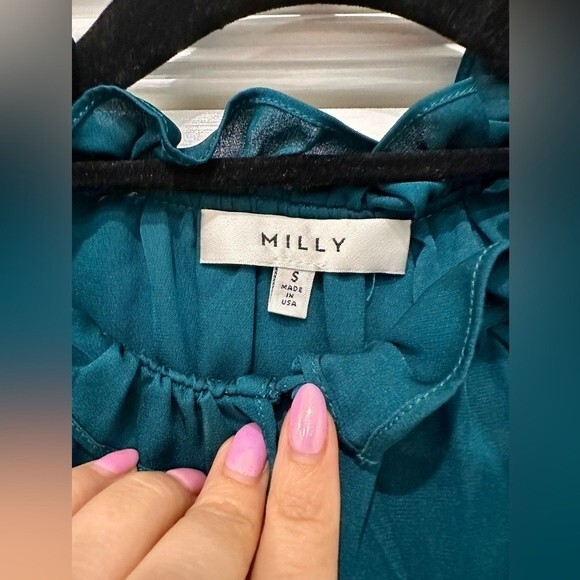 Milly Emerald Green Ruffle Neck Silk Blouse Size Small - Picture 6 of 7